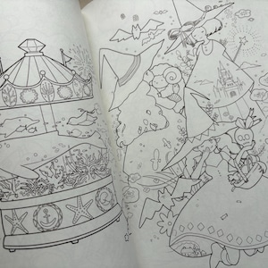 May include: A black and white illustration from a coloring book. The image features a carousel with marine life, a witch with a castle on her dress, and other whimsical elements. The artwork is detailed and ready for coloring.