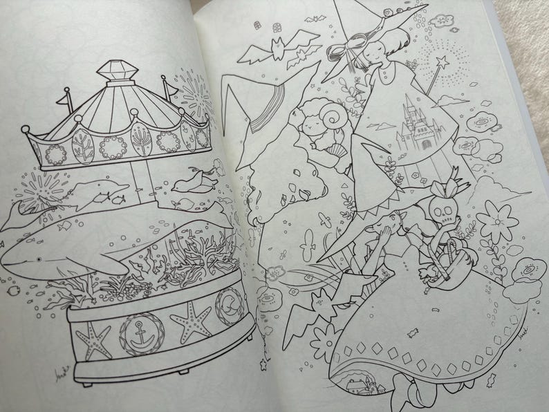 May include: A black and white illustration from a coloring book. The image features a carousel with marine life, a witch with a castle on her dress, and other whimsical elements. The artwork is detailed and ready for coloring.