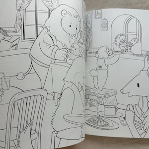 May include: Black and white illustration of a coloring book page featuring anthropomorphic animals in a restaurant setting. A lion, bear, deer, and other animals are seated at tables, some eating and some being served.