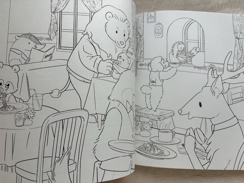 May include: Black and white illustration of a coloring book page featuring anthropomorphic animals in a restaurant setting. A lion, bear, deer, and other animals are seated at tables, some eating and some being served.