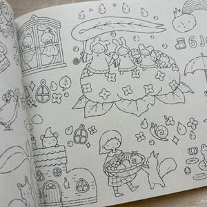 May include: Black and white line art illustration from a colouring book. The image features various whimsical scenes, including a girl with a basket, animals, and the text "6 June". Other elements include a rainbow, rain, and a bunny with an umbrella.