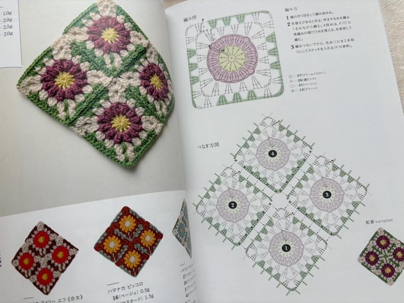 Puede incluir: Un cuadrado de ganchillo con un dise&ntilde;o floral en tonos morado, amarillo y crema, rodeado de verde. El cuadrado se muestra en una p&aacute;gina de libro con diagramas y otros cuadrados de ganchillo. La imagen muestra un primer plano del producto terminado.