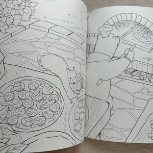 May include: Black and white illustration of a coloring book page featuring a squirrel holding pizza slices near a pizza. A bear chef is cooking pizza in a brick oven. A tray of mushrooms is nearby.