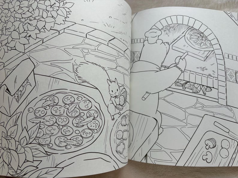May include: Black and white illustration of a coloring book page featuring a squirrel holding pizza slices near a pizza. A bear chef is cooking pizza in a brick oven. A tray of mushrooms is nearby.