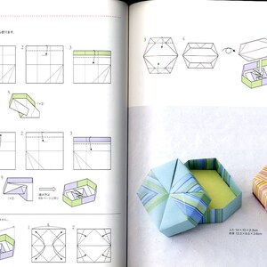 May include: A step-by-step guide on how to fold an origami box. The instructions are in Japanese. The finished box is blue and green with white stripes. The box is 14 cm x 10 cm x 2.5 cm. A second box is red and white with black stripes. The box is 13 cm x 9 cm x 2.5 cm.