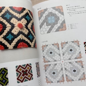 Puede incluir: Un cuadrado tejido a ganchillo con un patr&oacute;n geom&eacute;trico en crema, negro, rojo y turquesa. Una peque&ntilde;a borla redonda naranja est&aacute; centrada en el cuadrado. La imagen es de un libro de manualidades con diagramas y ejemplos de patrones de ganchillo.