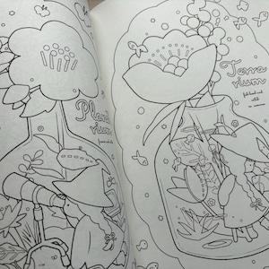 May include: Black and white line art of two illustrations in a coloring book. One shows a flower in a flask with the text "Plantarium". The other shows a terrarium with the text "Terrarium".