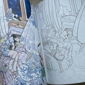 May include: An open colouring book featuring two side-by-side illustrations of a bedroom scene. One page is coloured with soft tones showing a person sleeping with a cat on a bed, while the other page displays the same scene in black and white line art.
