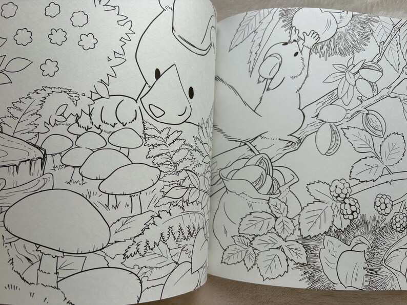 May include: Black and white illustration of a coloring book spread featuring woodland scenes. One page shows a pig-like character and mushrooms. The other page depicts a squirrel reaching for a nut, with a bag of nuts below.