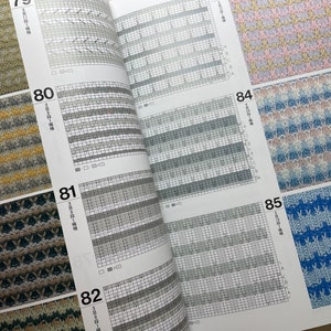 Może przedstawiać: Książka z wzorami na rob&oacute;tki na drutach, przedstawiająca r&oacute;żne wzory ścieg&oacute;w w r&oacute;żnych kolorach. Książka zawiera numery od 79 do 85, przy czym każdy numer odpowiada innemu wzorowi.