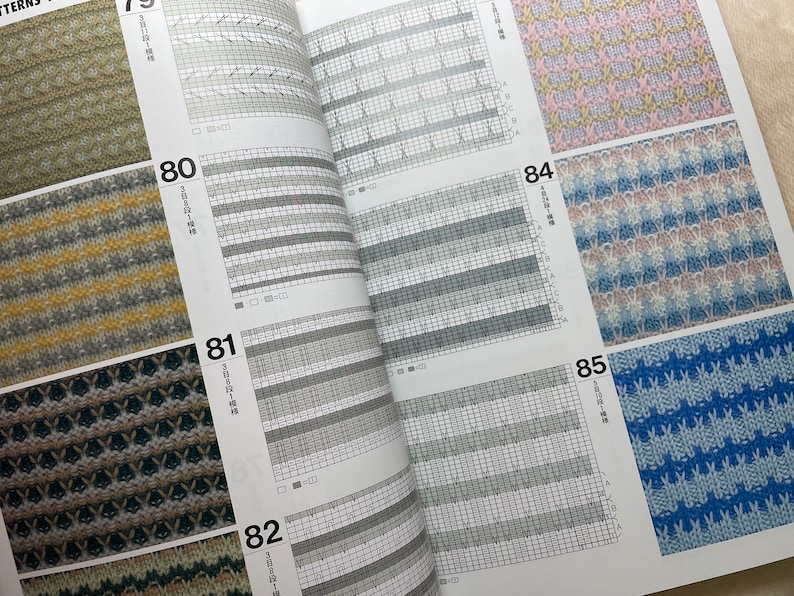 Może przedstawiać: Książka z wzorami na rob&oacute;tki na drutach, przedstawiająca r&oacute;żne wzory ścieg&oacute;w w r&oacute;żnych kolorach. Książka zawiera numery od 79 do 85, przy czym każdy numer odpowiada innemu wzorowi.