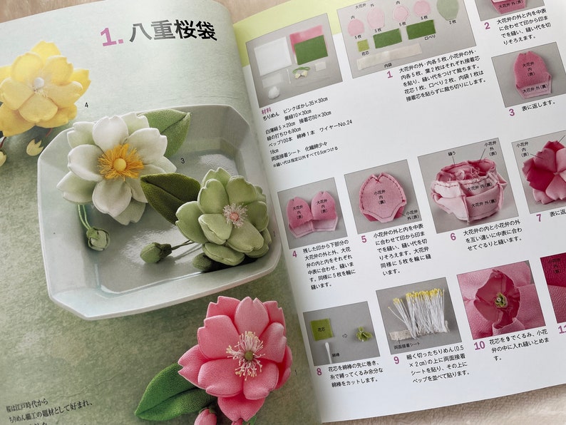 May include: A step-by-step guide on how to make a felt cherry blossom flower. The instructions are written in Japanese and include images of each step. The finished flower is pink and has a delicate, layered look.