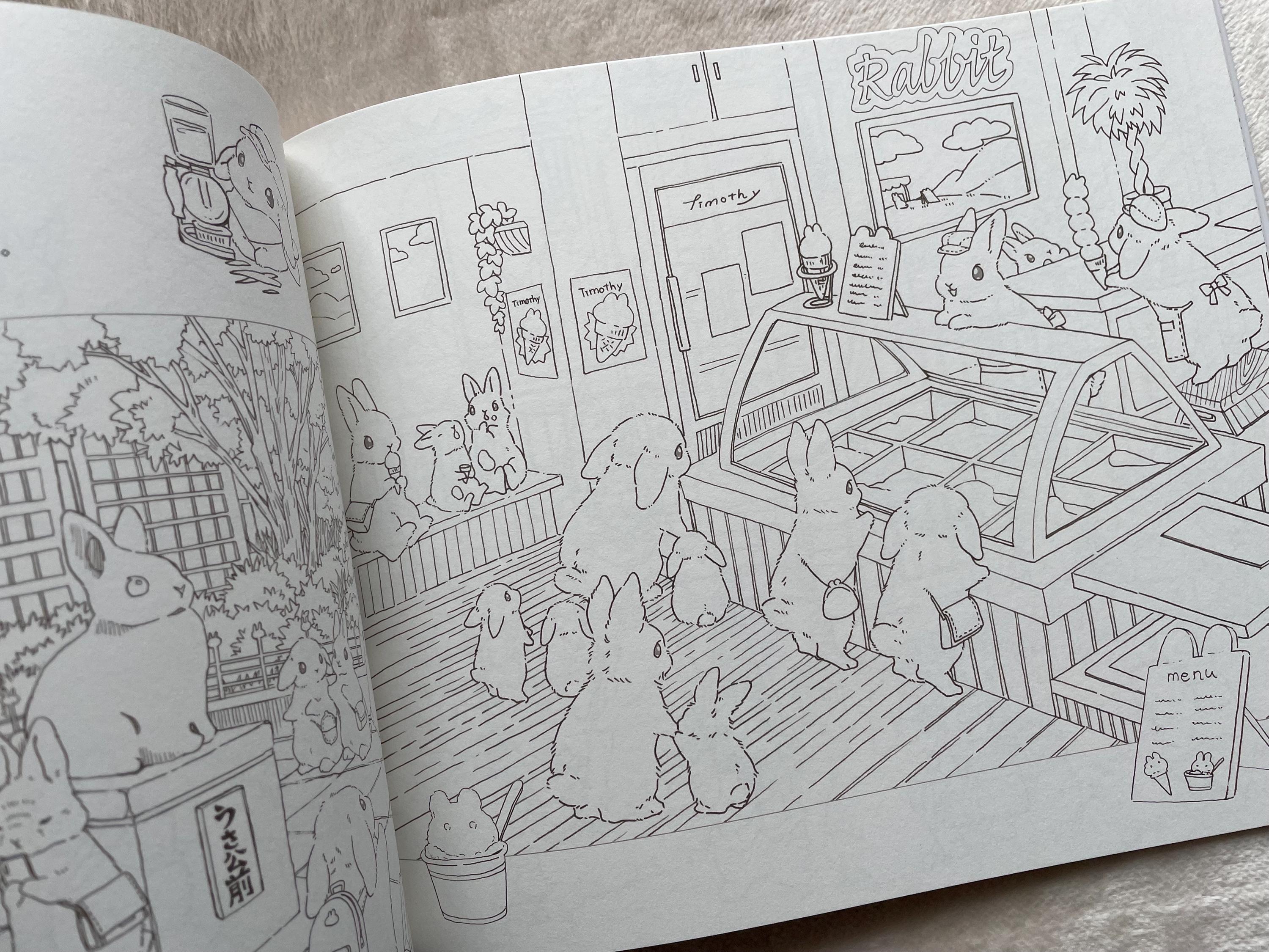 Rabbits and Nostalgic Japanese Scenery Coloring Book - Japanese
