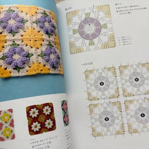 Puede incluir: Un cuadrado de ganchillo con cuatro motivos de flores moradas sobre un fondo crema, enmarcado por amarillo y verde. El cuadrado se muestra en un libro abierto con diagramas e instrucciones de ganchillo.