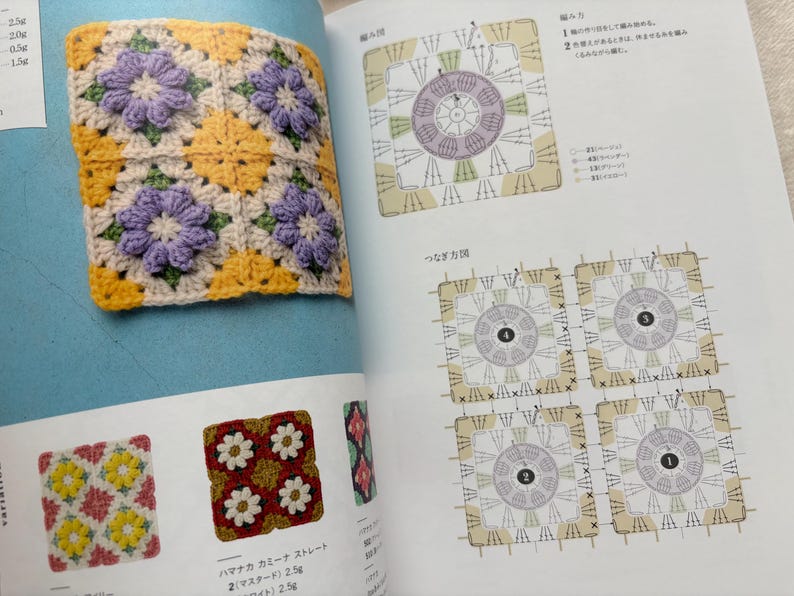 Puede incluir: Un cuadrado de ganchillo con cuatro motivos de flores moradas sobre un fondo crema, enmarcado por amarillo y verde. El cuadrado se muestra en un libro abierto con diagramas e instrucciones de ganchillo.