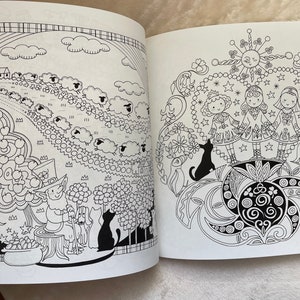 May include: A black and white coloring book page with two illustrations. The left side features a leprechaun with a pot of gold and a flock of sheep. The right side features three girls in dresses and a black cat.