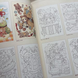 May include: Open book with several illustrations of cute characters and objects. The illustrations are in a coloring book style, featuring bears, bunnies, cakes, and other whimsical elements. The pages are cream-colored.