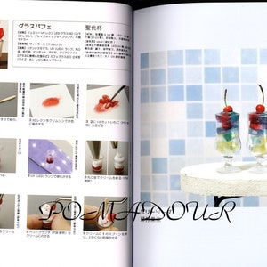 May include: A step-by-step guide on how to make a miniature glass parfait with layers of colorful jelly, whipped cream, and a cherry on top. The instructions are written in Japanese.
