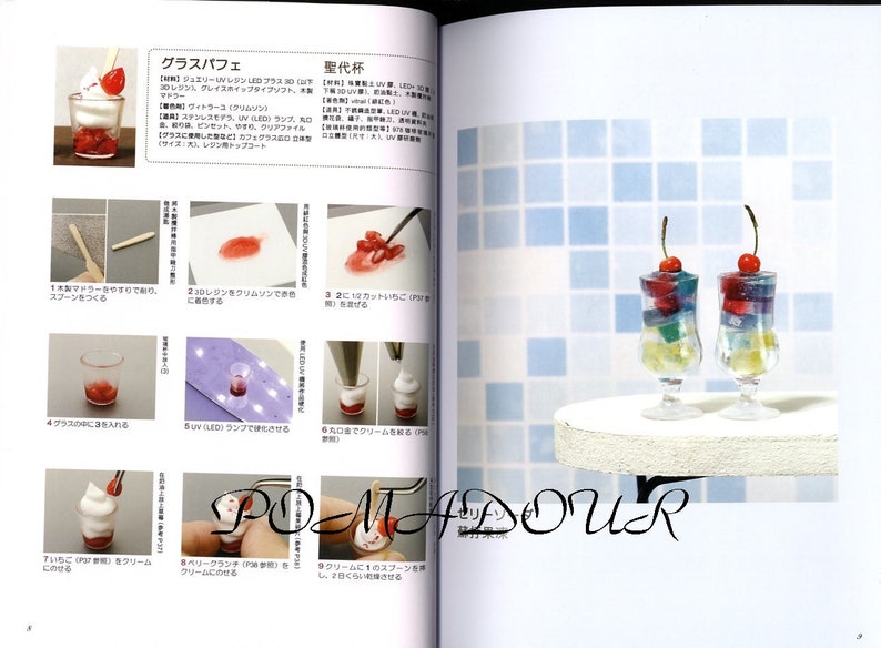 May include: A step-by-step guide on how to make a miniature glass parfait with layers of colorful jelly, whipped cream, and a cherry on top. The instructions are written in Japanese.