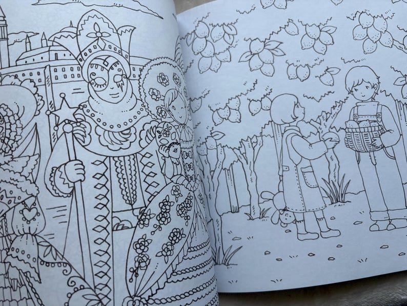 May include: Black and white line art coloring book pages. One page features a costumed figure with a star-topped staff. The other page shows children gathering fruit from trees. The book is open, revealing the detailed illustrations.