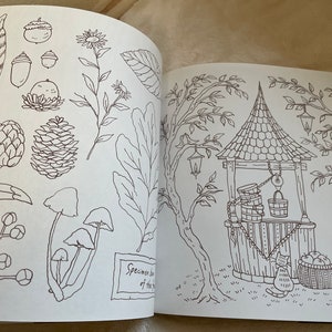 Puede incluir: Libro abierto con ilustraciones detalladas en blanco y negro. Una p&aacute;gina presenta dibujos bot&aacute;nicos de plumas, bellotas, setas y flores. La otra p&aacute;gina muestra un pozo con un gato y una cesta de manzanas.