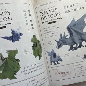 May include: Two origami dragon designs, one with a plump, green body and the other with a sleek, gray body. The designs are labeled "Plumpy Dragon" and "Smart Dragon" with Japanese text. The book page also includes instructions for folding the dragons.