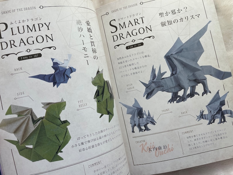 May include: Two origami dragon designs, one with a plump, green body and the other with a sleek, gray body. The designs are labeled "Plumpy Dragon" and "Smart Dragon" with Japanese text. The book page also includes instructions for folding the dragons.