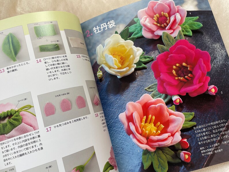 May include: A book with instructions on how to make felt flowers. The book shows different steps for making the flowers, including how to cut the felt, sew the pieces together, and add details. The book also includes a picture of a finished felt flower.