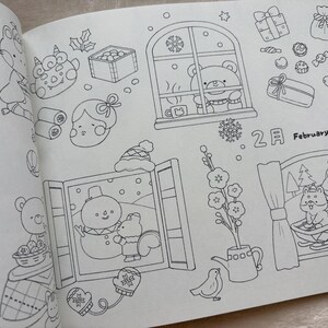 May include: A black and white illustration from a coloring book with winter and seasonal themes. The images include a bear in a window, a snowman, a squirrel, gifts, and the word "February".