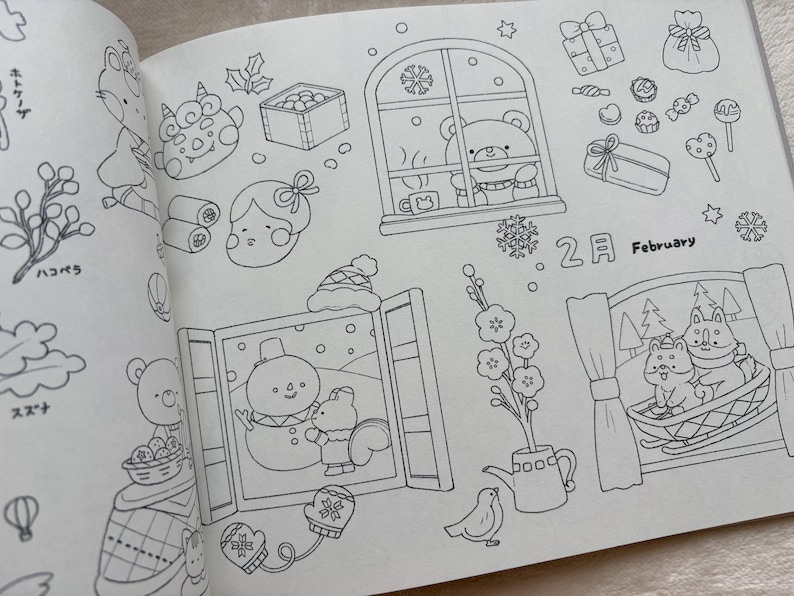 May include: A black and white illustration from a coloring book with winter and seasonal themes. The images include a bear in a window, a snowman, a squirrel, gifts, and the word "February".