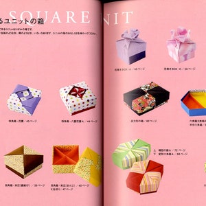 May include: A book with colorful origami boxes on each page. The book is titled "Square Unit" and shows how to fold origami boxes from square paper.
