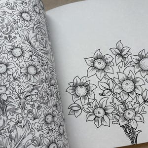 May include: Open book with black and white floral illustrations. One page features a detailed pattern of flowers and leaves. The other page displays a tree-like arrangement of flowers with leaves, all in line art style.