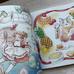 May include: A whimsical illustration from a children's book featuring a girl in a red dress and a cat. The cat is holding a bottle labeled "DRINK ME". Other elements include a pie, cherries, a pineapple, and a roasted turkey.