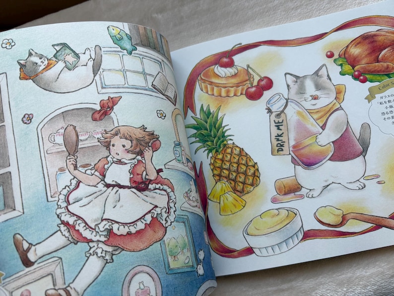 May include: A whimsical illustration from a children's book featuring a girl in a red dress and a cat. The cat is holding a bottle labeled "DRINK ME". Other elements include a pie, cherries, a pineapple, and a roasted turkey.