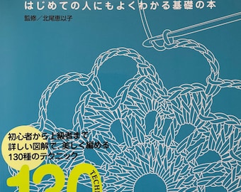 May include: A blue book cover with the title "Lace Crochet" in white text. The book cover features a close-up of a crocheted lace design in white thread on a blue background. The text "130 Technique" is in yellow on a white background.