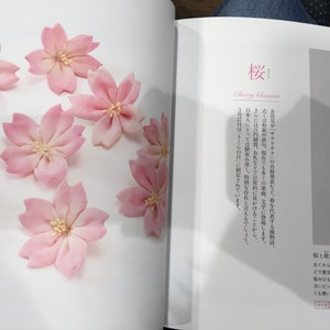 May include: A close-up of several pale pink fabric cherry blossoms. The blossoms are arranged in a circular pattern on a white background. The Japanese word "桜" (Sakura) is written in black ink above the text "Cherry blossom".