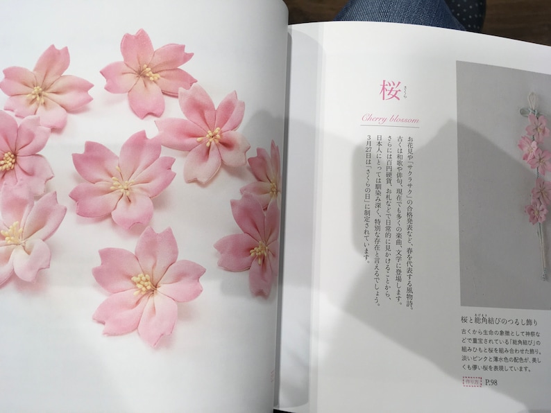 May include: A close-up of several pale pink fabric cherry blossoms. The blossoms are arranged in a circular pattern on a white background. The Japanese word "桜" (Sakura) is written in black ink above the text "Cherry blossom".