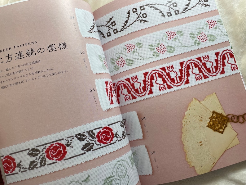 May include: A book with a pink cover and white pages showing different embroidery patterns. The patterns are for borders and feature flowers, leaves, and geometric shapes. The book is titled "こ方連続の模様" which translates to "Continuous Patterns".