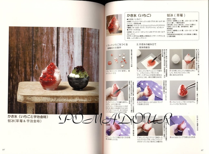 May include: Two miniature bowls of shaved ice, one with red fruit and the other with green matcha and white mochi. The bowls are on a wooden surface. The image includes instructions for making the shaved ice, written in Japanese.