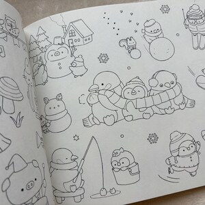 May include: A colouring book page with winter-themed illustrations. The drawings include penguins, snowmen, and other cute characters engaged in winter activities like skiing, snowboarding, and ice skating. The images are outlined in black on a white background.