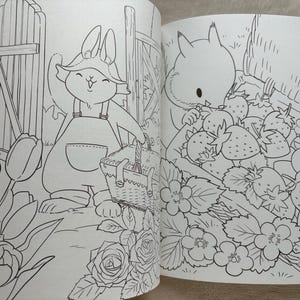 May include: A black and white illustration of a coloring book page featuring a bunny with a basket and a squirrel eating strawberries. The bunny is wearing overalls and a hat, standing near a garden gate. The squirrel is surrounded by strawberries.