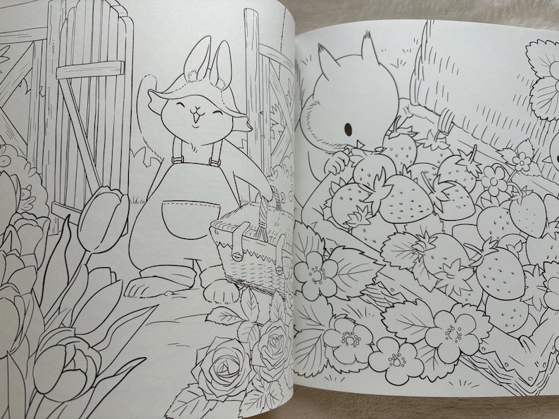 May include: A black and white illustration of a coloring book page featuring a bunny with a basket and a squirrel eating strawberries. The bunny is wearing overalls and a hat, standing near a garden gate. The squirrel is surrounded by strawberries.