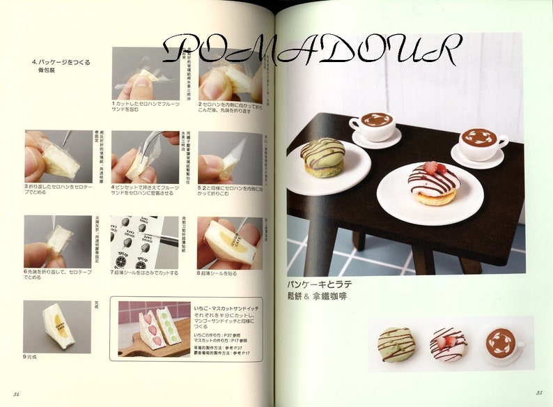 May include: A step-by-step guide on how to make miniature cakes and lattes. The image shows a close-up of the process of making the cakes and lattes, with text in Japanese describing the steps.