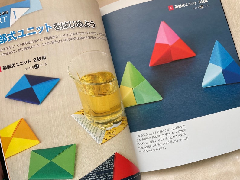 May include: A book open to a page showing instructions for origami. The page shows a diagram of a folded origami triangle with the text "部式ユニット" in Japanese. The page also shows a glass of tea and a folded origami coaster.
