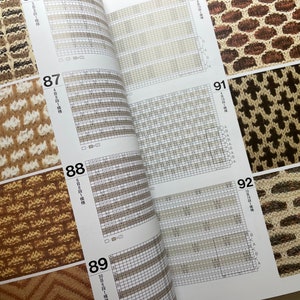 Może przedstawiać: Książka z wzorami na dzianie i przykładami r&oacute;żnych ścieg&oacute;w. Książka jest otwarta na stronach 87-92, pokazując r&oacute;żne wzory w brązowej, białej i czarnej przędzy.