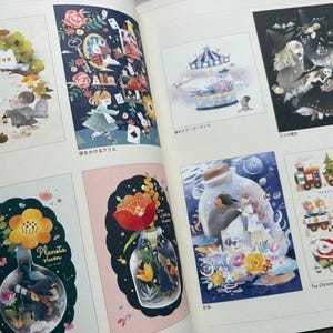May include: A spread from a book featuring several colorful illustrations. The images include whimsical scenes with characters, flowers, and a carousel. Text in Japanese and English is visible, including "Toy Christmas" and "Planeta vium."