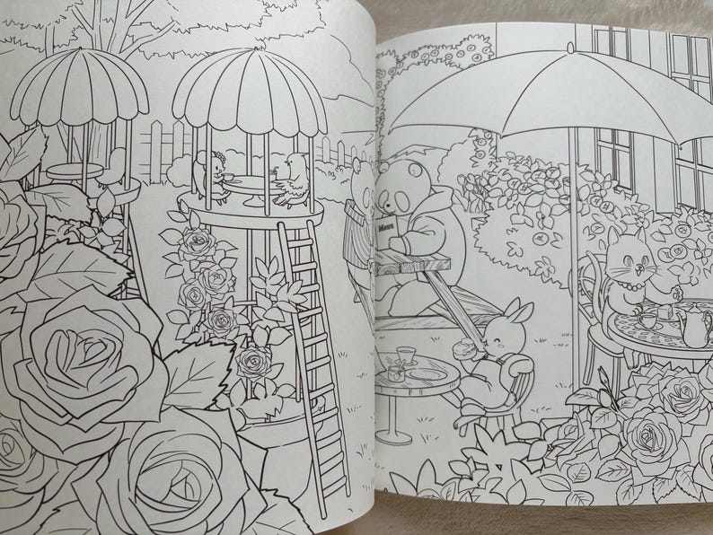 May include: A detailed black and white illustration from a coloring book, depicting a garden scene with anthropomorphic animals. Features include a gazebo, roses, and animals enjoying tea and reading.