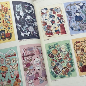 May include: A spread of colorful illustrations from a book, featuring whimsical characters and scenes. The images include a circus, a ghost party, a picnic, and a tea party, all with a vintage aesthetic. The illustrations are detailed and vibrant, with a focus on fantasy and storytelling.