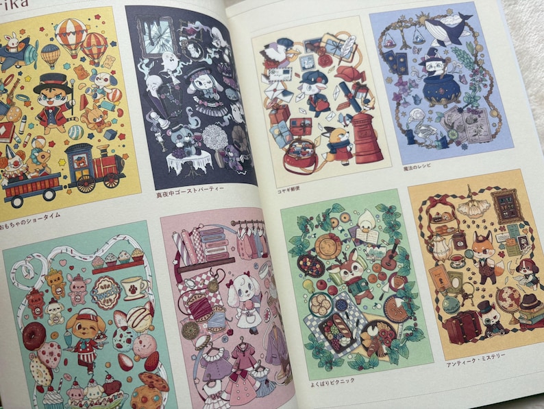 May include: A spread of colorful illustrations from a book, featuring whimsical characters and scenes. The images include a circus, a ghost party, a picnic, and a tea party, all with a vintage aesthetic. The illustrations are detailed and vibrant, with a focus on fantasy and storytelling.