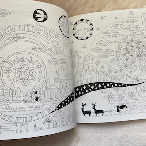May include: A black and white coloring book page with illustrations of a city scene, a forest scene, and a reindeer. The city scene includes buildings, trees, and a car. The forest scene includes trees, flowers, and a house. The reindeer are pulling a sleigh.